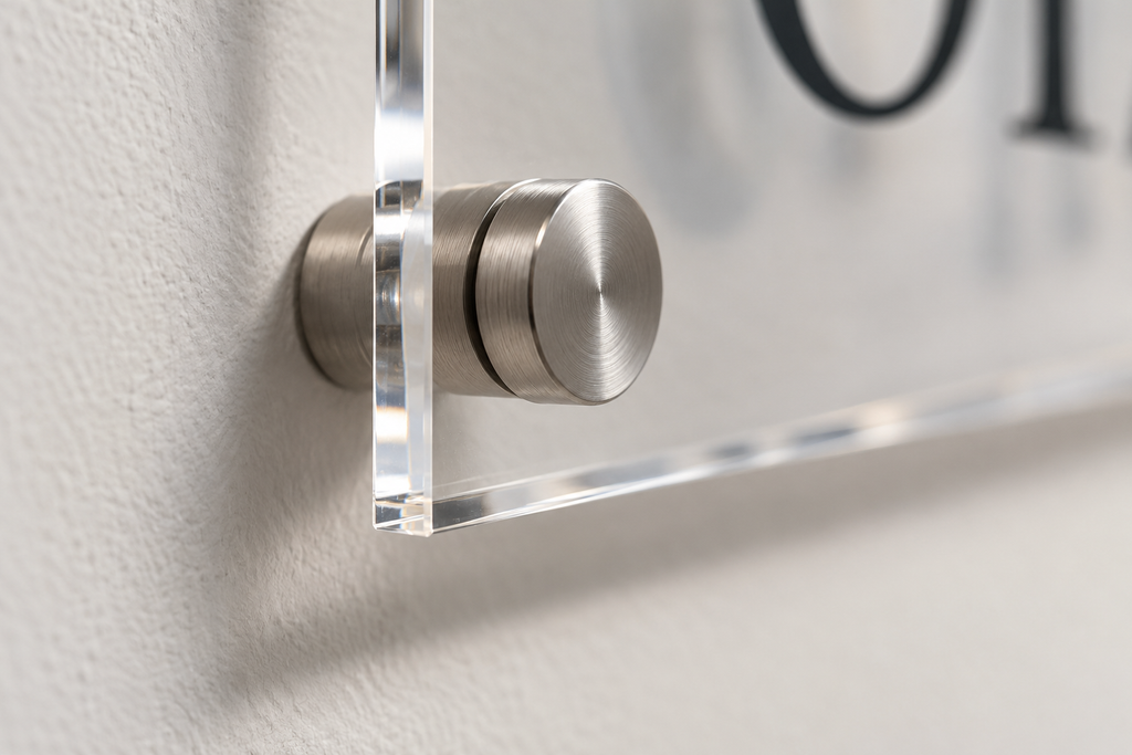 Close-up of a brushed silver standoff mount on the corner of a 3/16 inch clear acrylic plaque, showing the thickness and polished edge