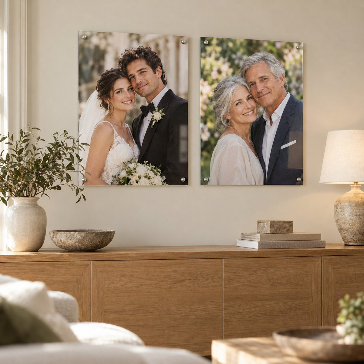 Two acrylic photo prints side by side: a couple on their wedding day and the same couple years later, hung above a sideboard