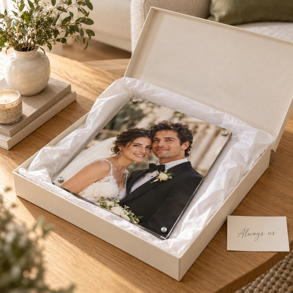 Wedding photo acrylic print with standoffs in a gift box with tissue paper and a card that reads Always us