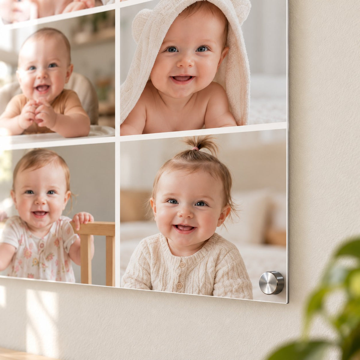 Close-up of a baby photo collage printed on thin clear acrylic, showing four monthly baby photos and a brushed silver standoff