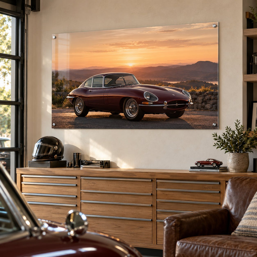 Classic car photo at sunset printed on a large clear acrylic panel above a garage workbench