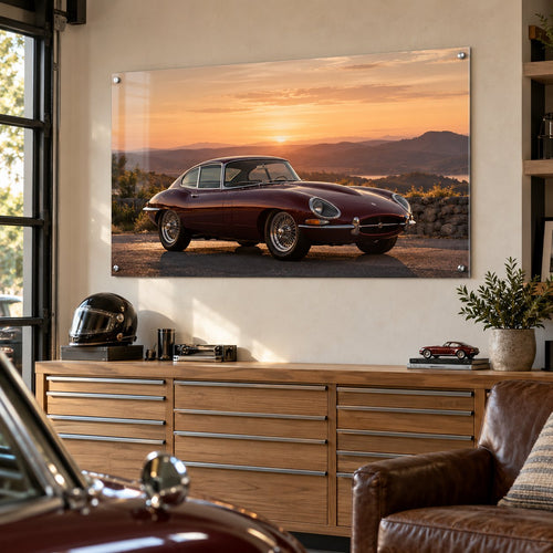 Classic car photo at sunset printed on a large clear acrylic panel above a garage workbench