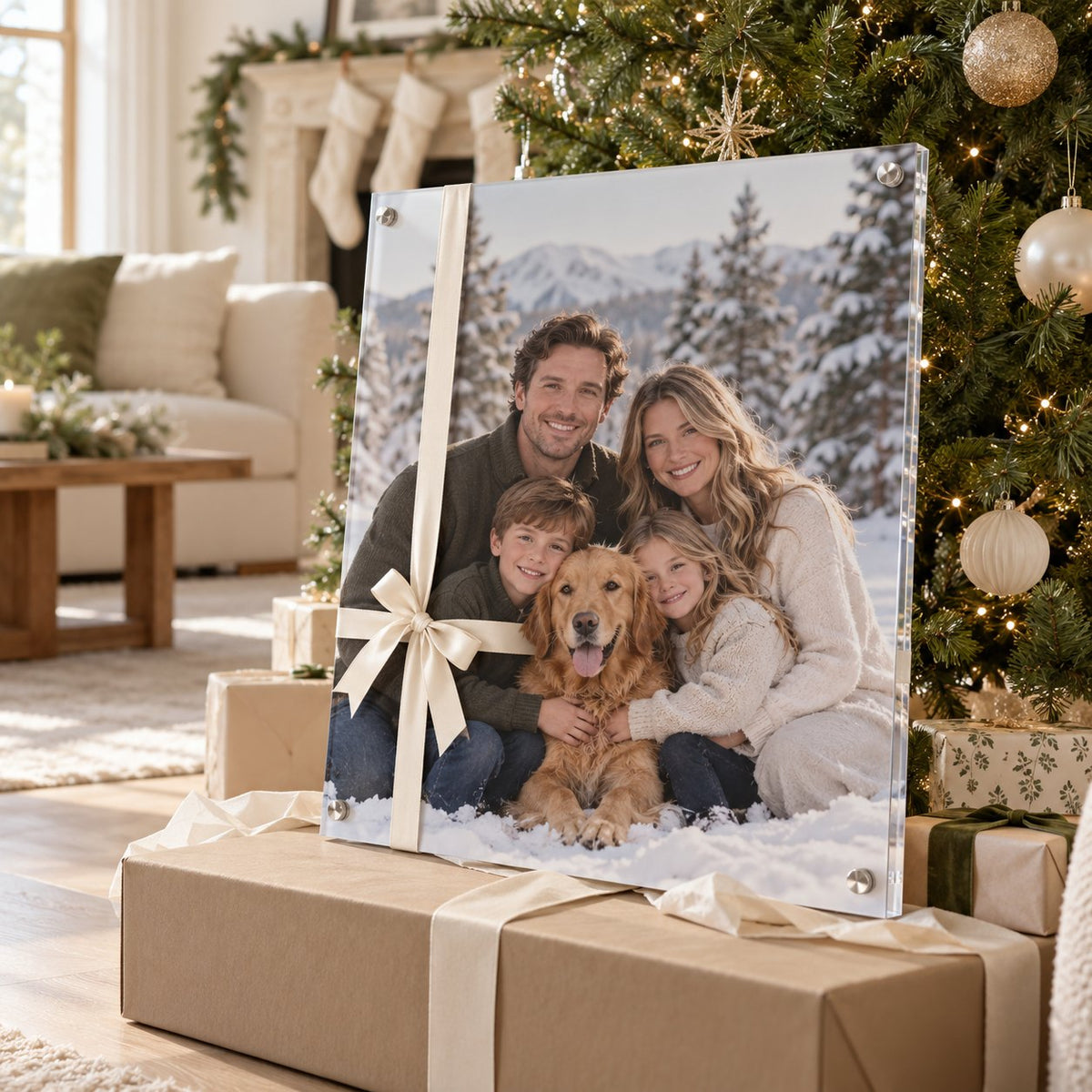 Family photo with a golden retriever in the snow printed on clear acrylic, tied with a cream ribbon under a Christmas tree