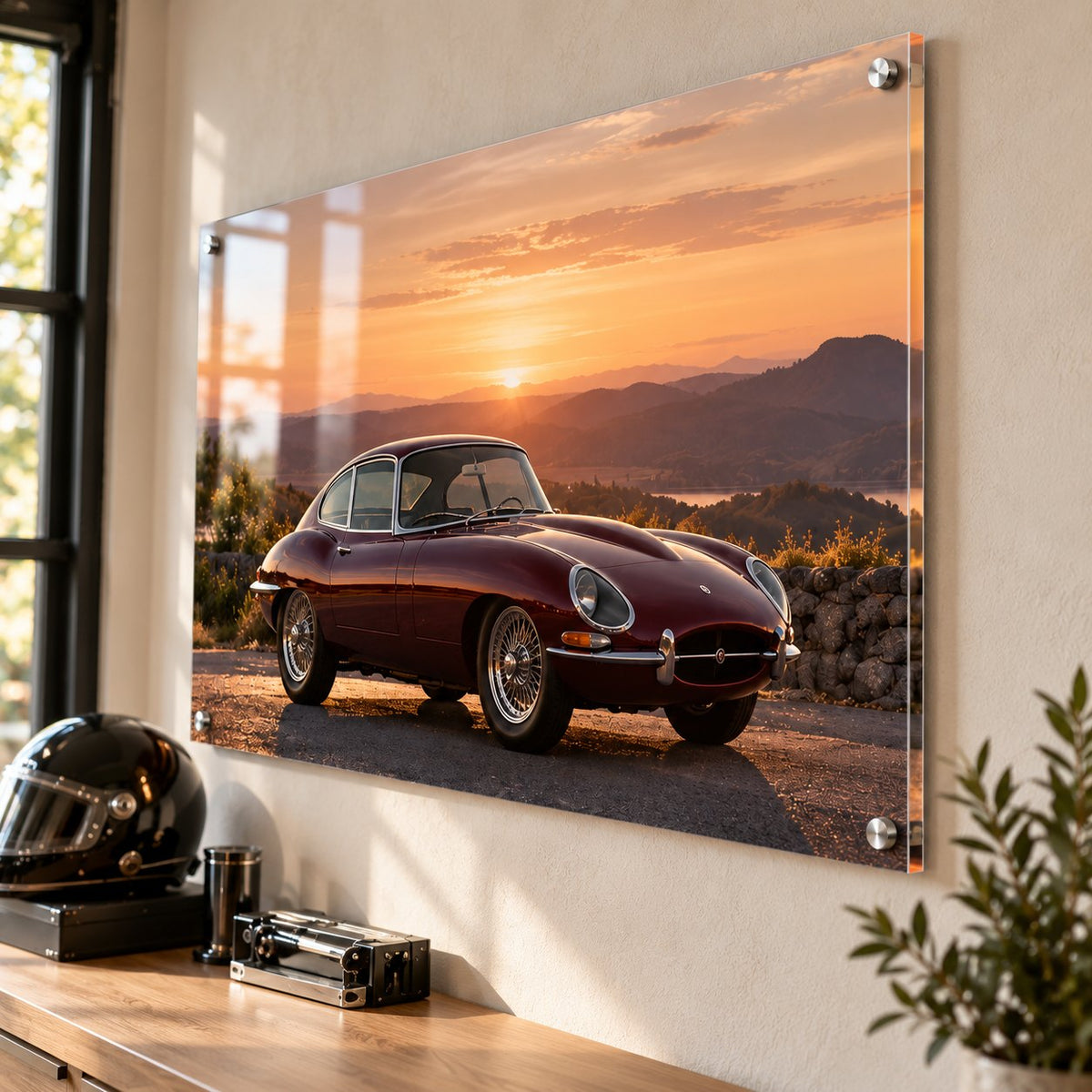 Angled view of a classic car acrylic print showing the glossy finish and silver standoffs