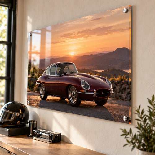 Angled view of a classic car acrylic print showing the glossy finish and silver standoffs