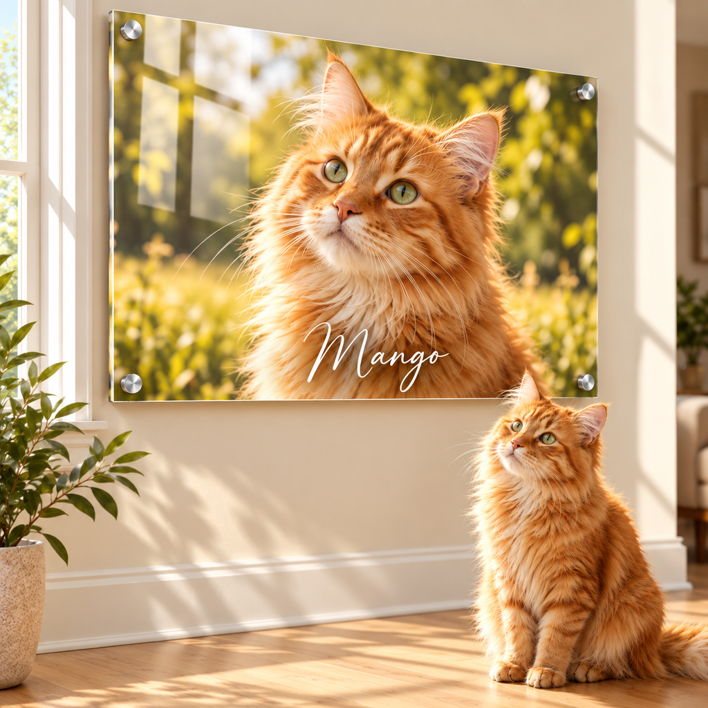 Custom cat portrait of an orange cat named Mango on clear acrylic, with the cat sitting below its portrait