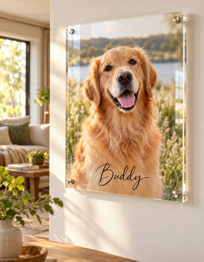 Custom pet portrait of a golden retriever named Buddy printed on clear acrylic with silver standoffs