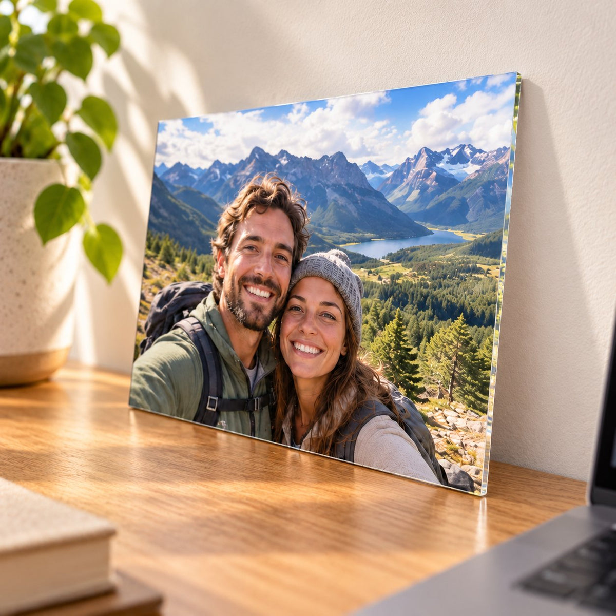 Angled view of a desk acrylic photo print showing the thin clear edge and glossy finish
