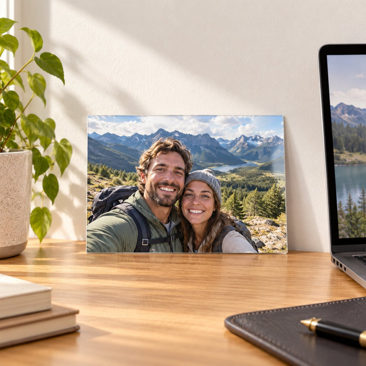 Small frameless acrylic photo print of a hiking couple leaning against the wall on a wooden desk next to a laptop and plant