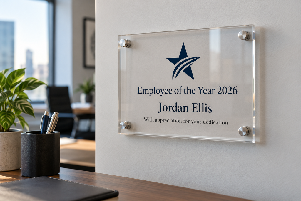 Employee of the Year 2026 acrylic award plaque with a company logo and the name Jordan Ellis, mounted on an office wall with silver standoffs