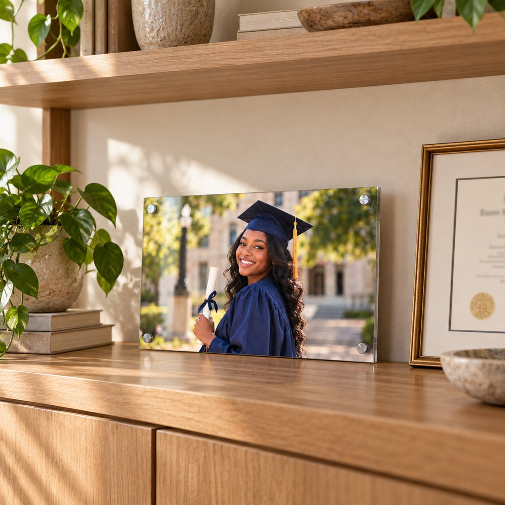 Small graduation photo acrylic print standing on a shelf next to a framed diploma