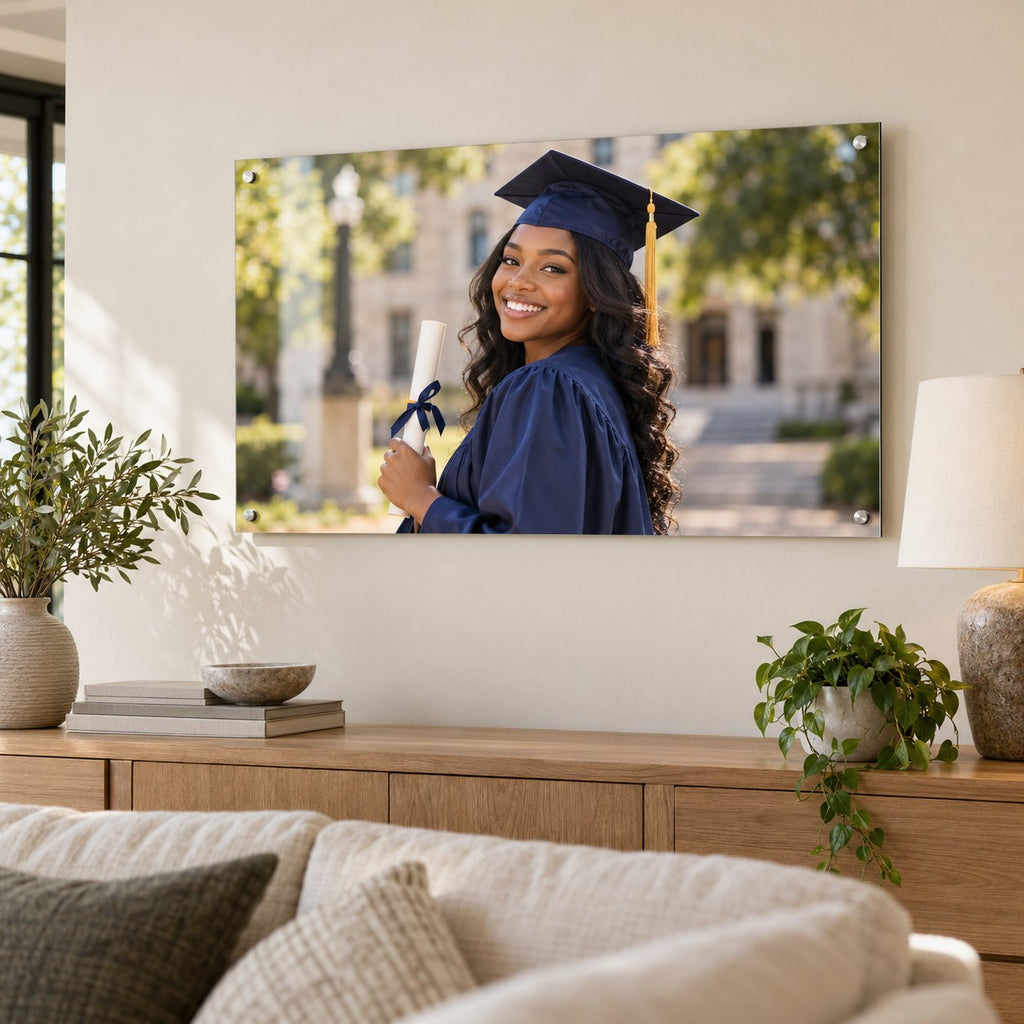 Cap and gown graduation photo printed on a large clear acrylic panel with standoffs above a living room sideboard