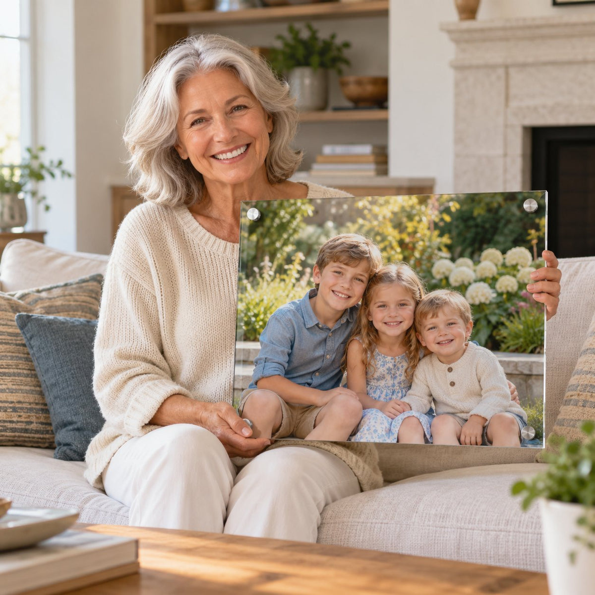 Smiling grandmother holding an acrylic photo print of her three grandchildren while sitting on a sofa