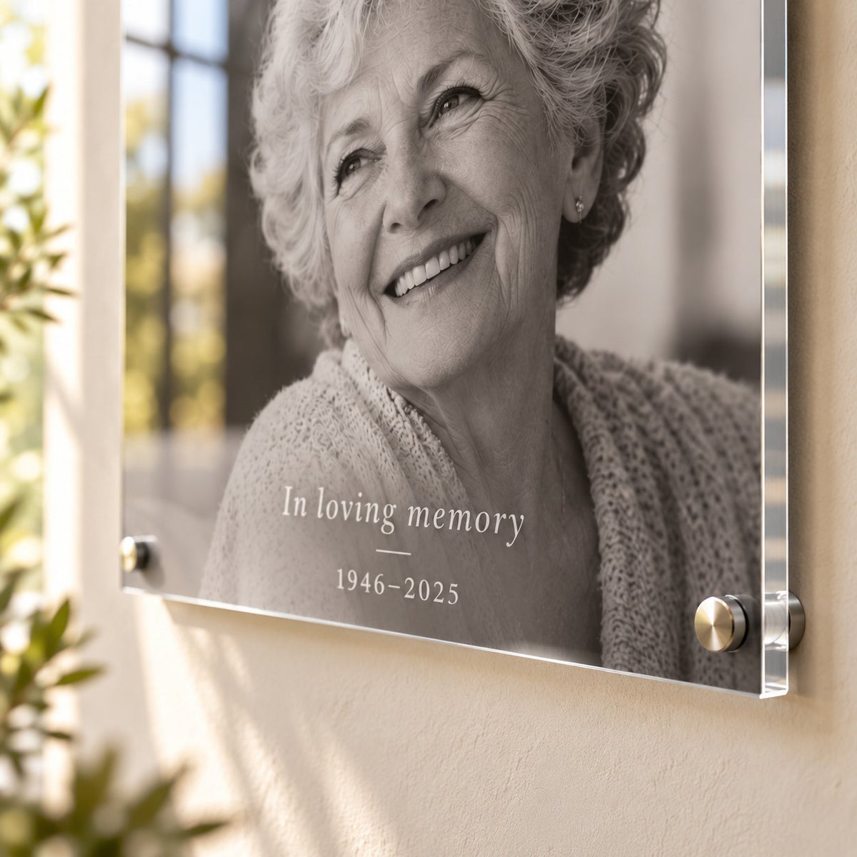 Close-up of In loving memory lettering and dates on a black and white acrylic memorial photo with silver standoffs