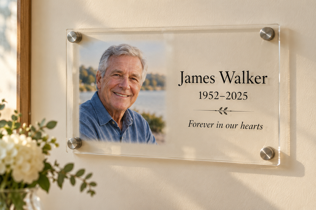 Personalized memorial plaque with a photo of James Walker, 1952–2025, and Forever in our hearts, hung on a wall with brushed silver standoffs beside white flowers