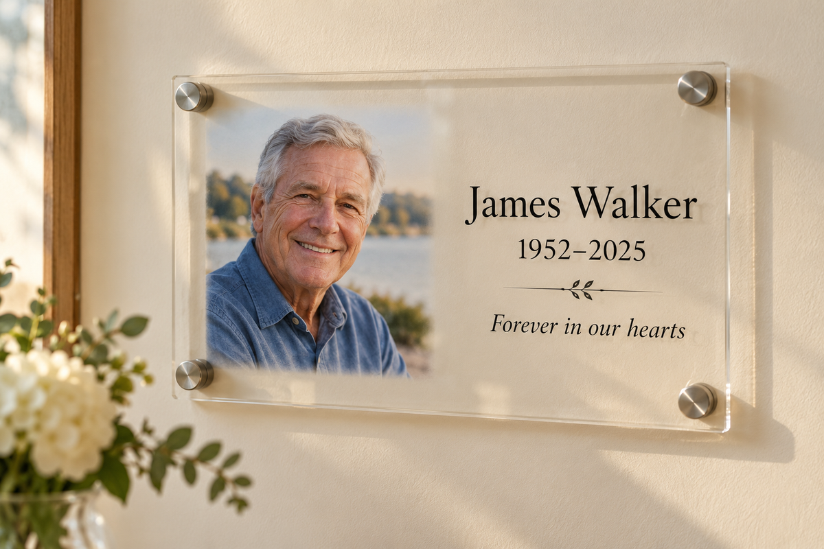 Personalized memorial plaque with a photo of James Walker, 1952–2025, and Forever in our hearts, hung on a wall with brushed silver standoffs beside white flowers