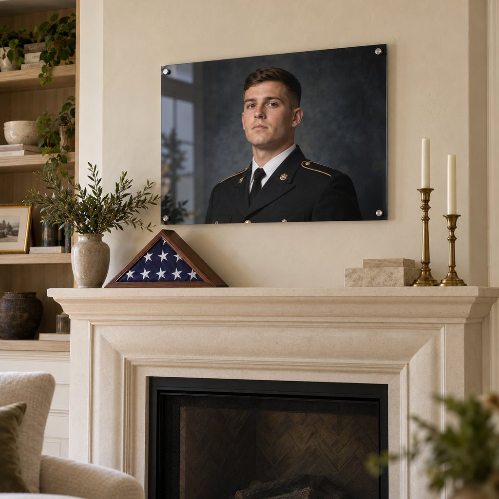 Military service portrait printed on clear acrylic and hung above a fireplace mantel with a folded flag display case