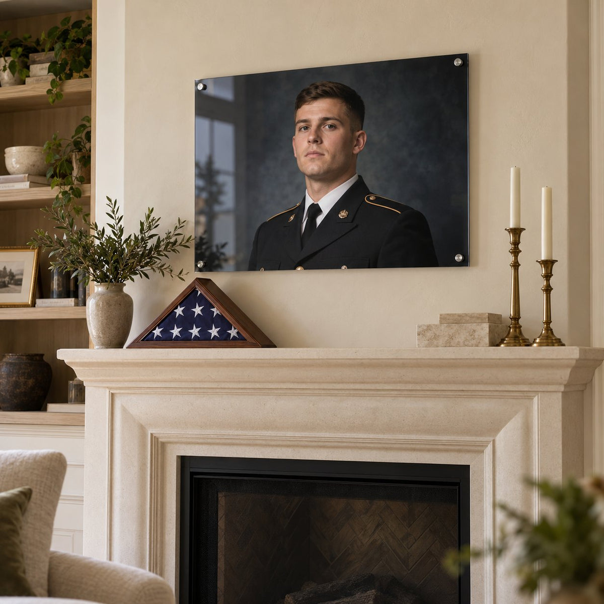 Military service portrait printed on clear acrylic and hung above a fireplace mantel with a folded flag display case