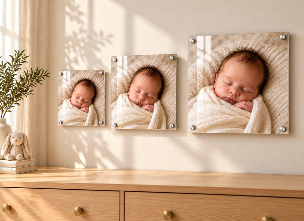 Three sizes of a newborn photo acrylic print mounted on a nursery wall with standoffs, showing the size difference