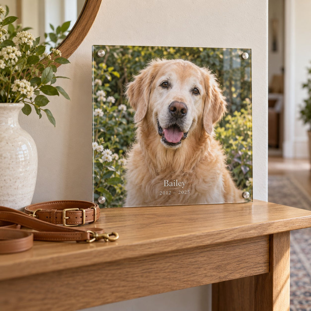 Pet memorial acrylic photo print of a golden retriever named Bailey with the dates 2012–2025, displayed on an entryway console beside a leather leash