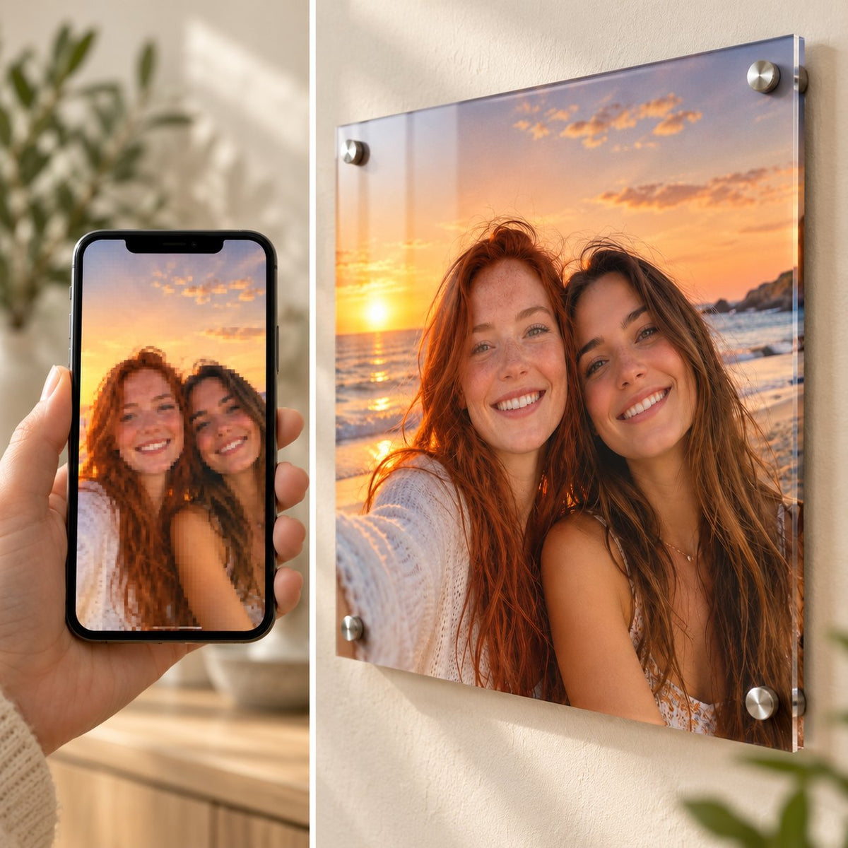 Side by side: a pixelated low-resolution selfie on a phone and the same photo enhanced and printed sharply on clear acrylic