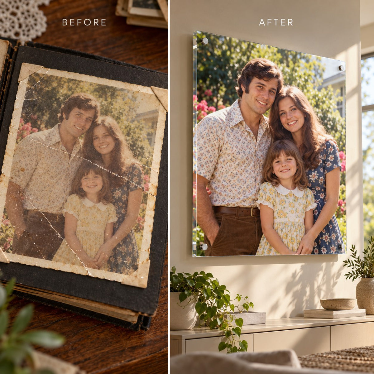 Before and after: faded, cracked 1970s family photo restored and printed on clear acrylic