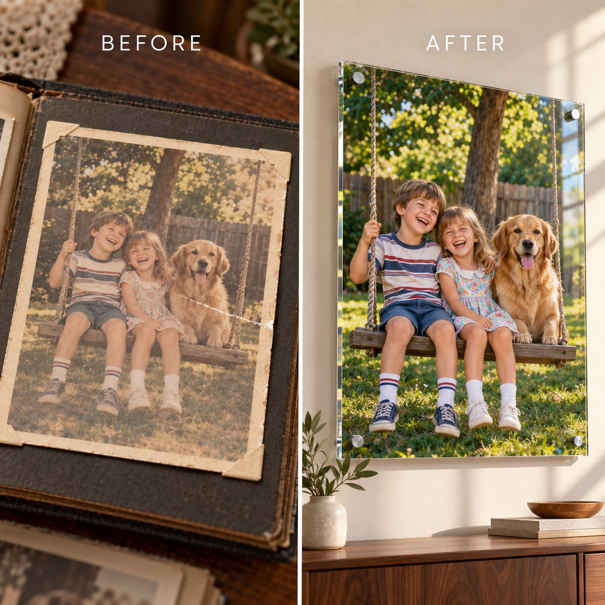 Before and after: creased photo of two kids and a dog on a swing restored on clear acrylic