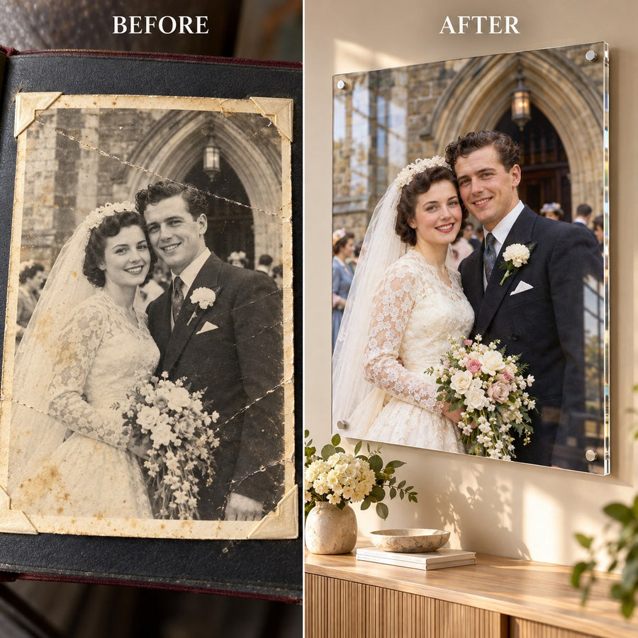 Before and after: damaged black-and-white 1950s wedding photo restored in color on clear acrylic
