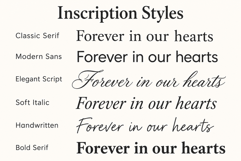 Chart of the six plaque inscription lettering styles: Classic Serif, Modern Sans, Elegant Script, Soft Italic, Handwritten and Bold Serif, each showing Forever in our hearts