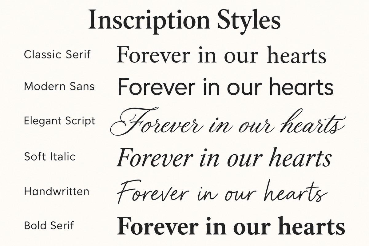 Chart of the six plaque inscription lettering styles: Classic Serif, Modern Sans, Elegant Script, Soft Italic, Handwritten and Bold Serif, each showing Forever in our hearts