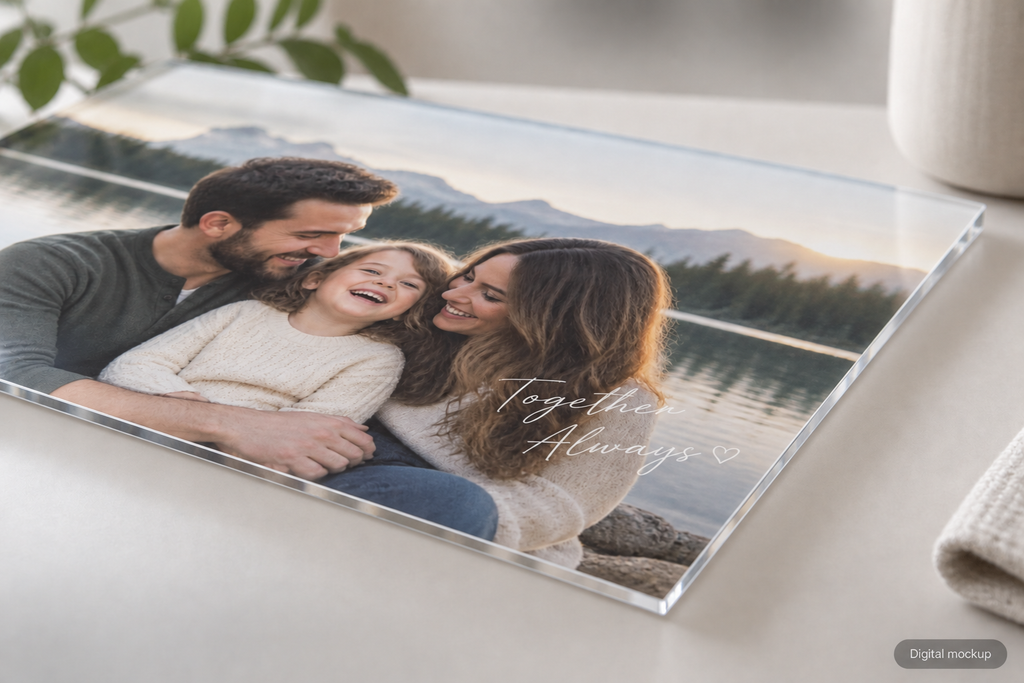 Digital mockup of a thin clear acrylic portrait edge with fictional artwork; no mounting hardware included