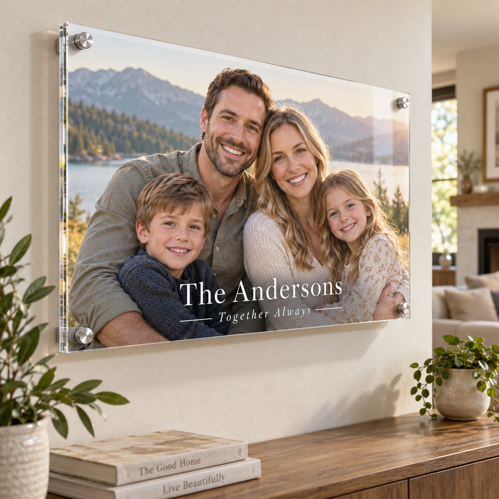 Custom family portrait acrylic print with The Andersons lettering, hung in a living room with silver standoffs