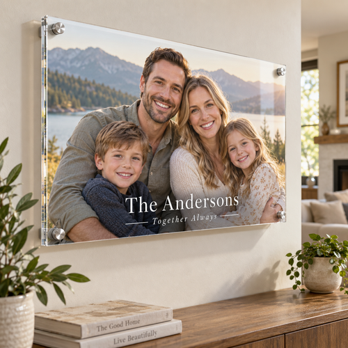 Custom family portrait acrylic print with The Andersons lettering, hung in a living room with silver standoffs