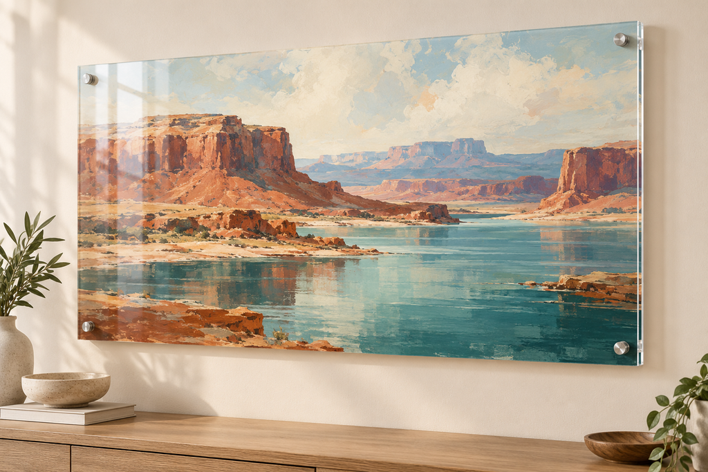 Custom acrylic art print of a landscape painting on glossy clear acrylic, hung above a console with standoffs