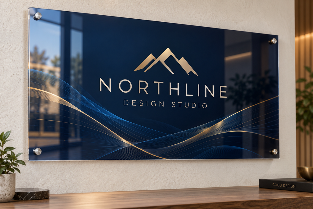 Custom acrylic business sign with a company logo printed on clear acrylic, mounted on an office reception wall with silver standoffs