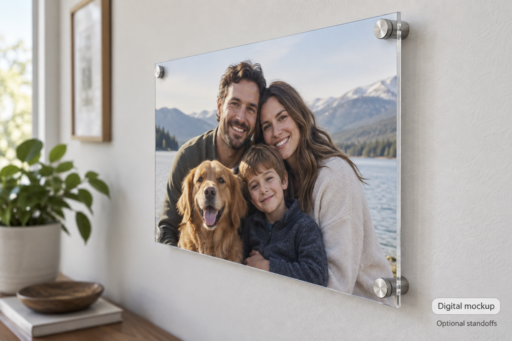 Digital mockup of an acrylic portrait with optional silver standoffs and fictional artwork