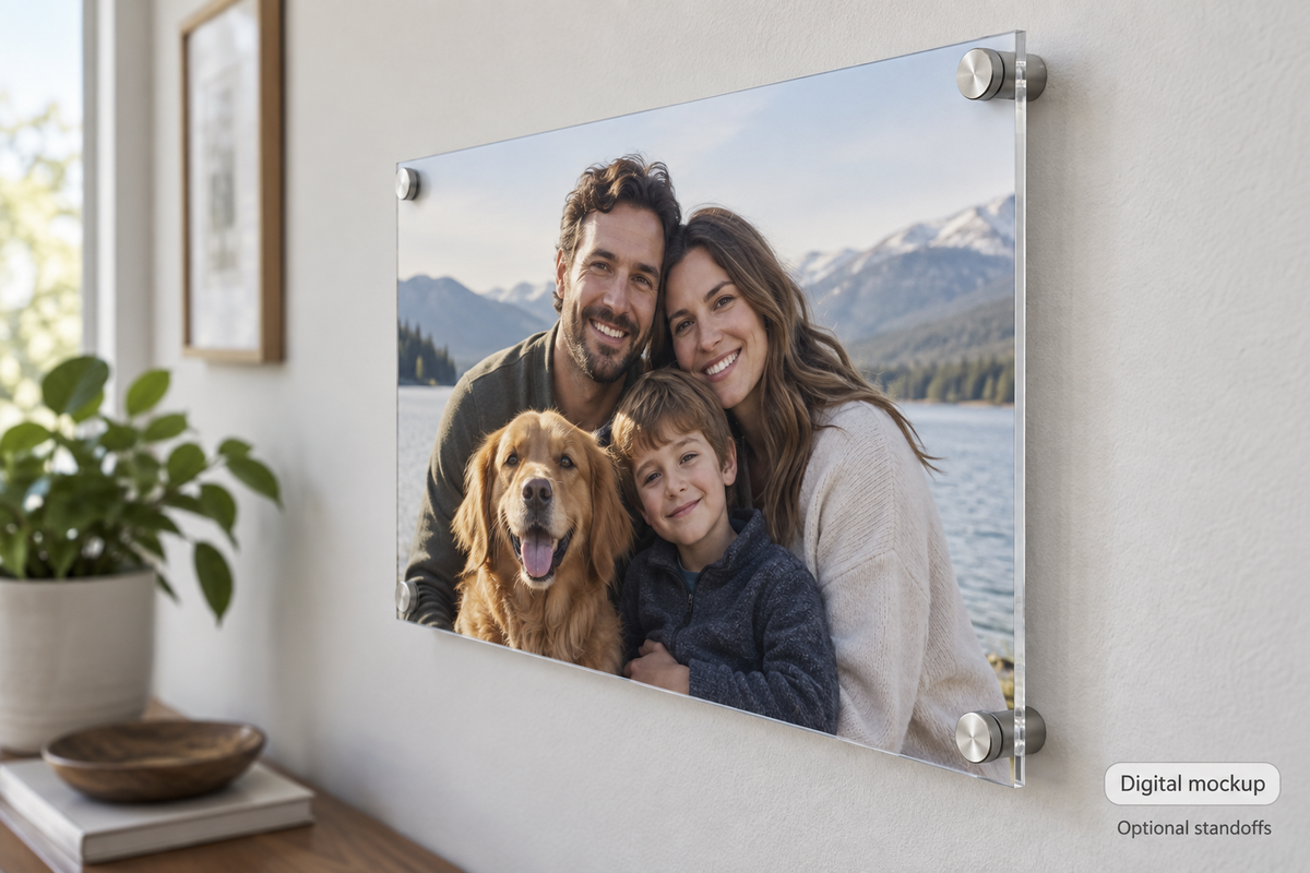 Digital mockup of an acrylic portrait with optional silver standoffs and fictional artwork