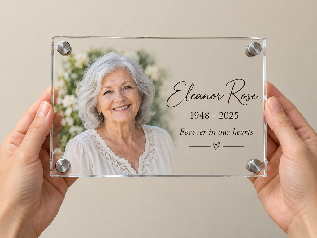 Small 10 x 8 inch acrylic photo plaque held in two hands to show its size, with a portrait, the name Eleanor Rose in script lettering, dates and a short message