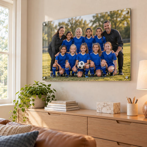 Youth soccer team photo with coaches printed on clear acrylic and hung above a sideboard