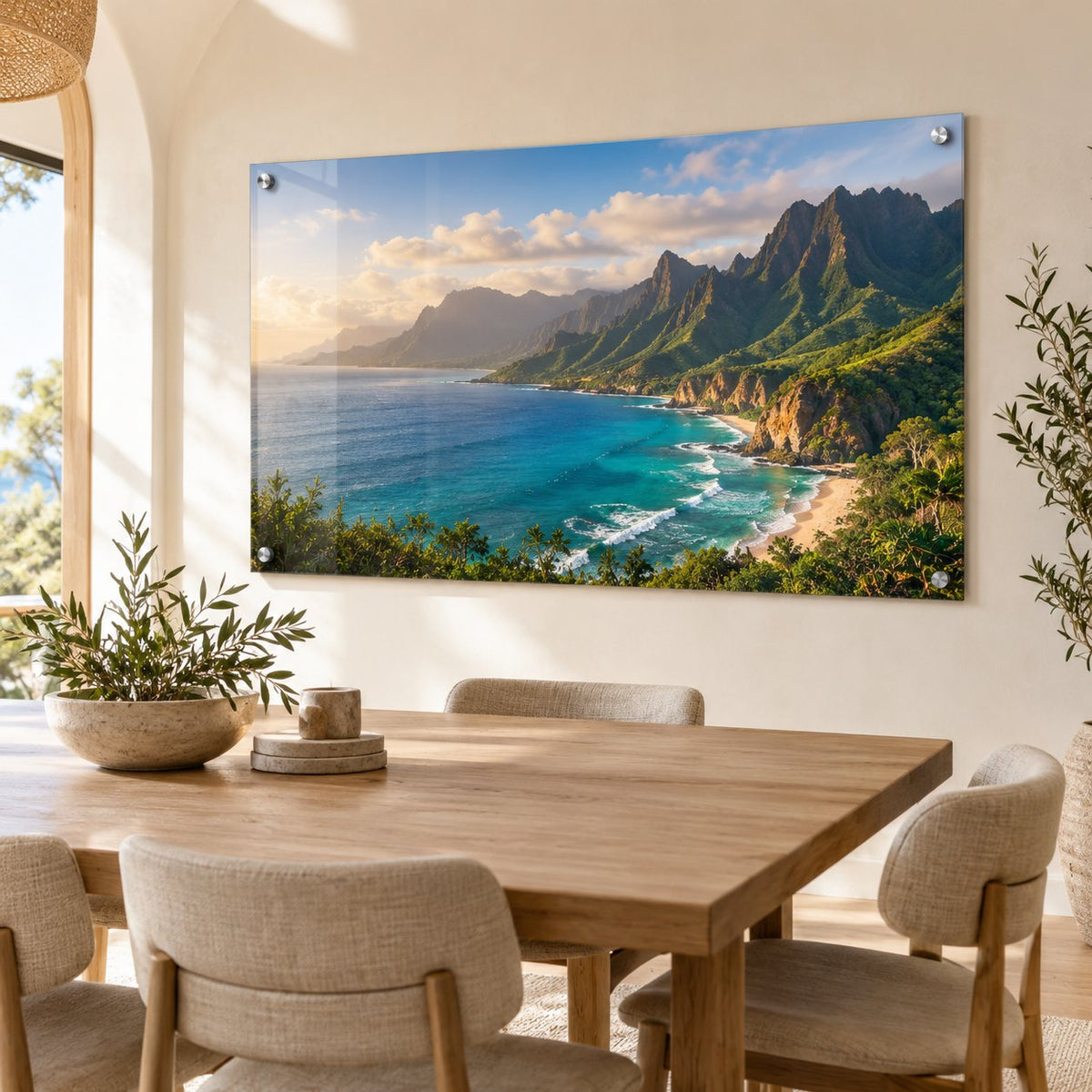 Tropical coastline travel photo printed on a large clear acrylic panel above a dining table