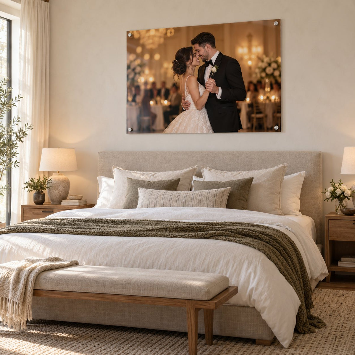 Large wedding first dance photo printed on clear acrylic with silver standoffs, hung above a bed in a neutral bedroom